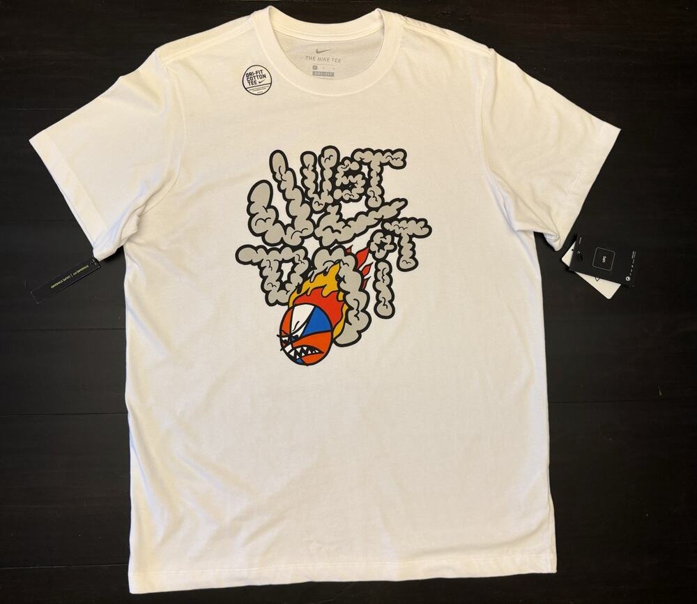 New!Rare Nike Dri-Fit Cotton JUST DO IT In Smoke Fire Basketball White T-Shirt L